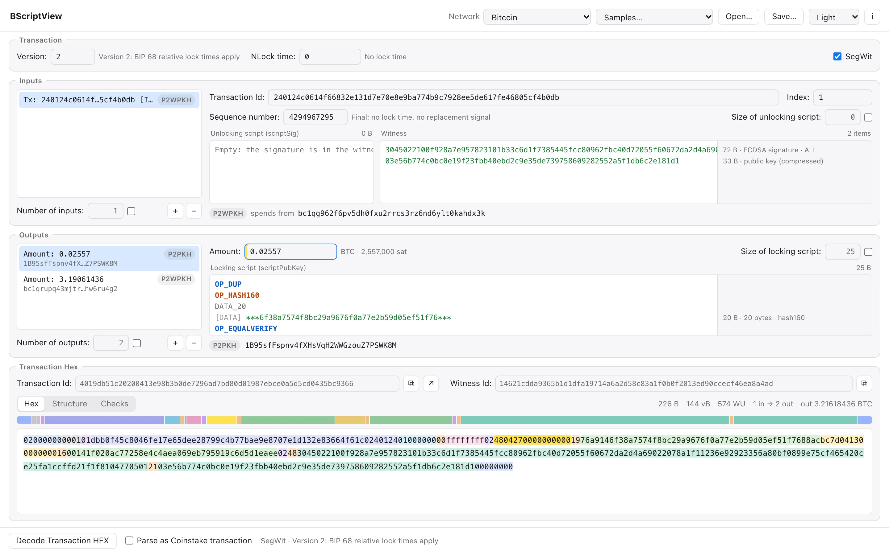 BScriptView with a SegWit transaction: its fields above and its hex below, an output amount marked in the hex